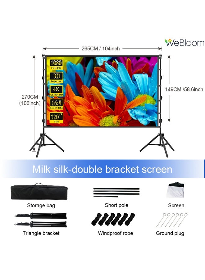 نحن نزدهر شاشة عرض مع حامل ثلاثي مزدوج - شاشة عرض محمولة 120 بوصة 16:9 بدقة 4K HD للاستخدام الداخلي والخارجي، شاشة عرض أمامية وخلفية، شاشة عرض أفلام خارجية قابلة للطي مصنوعة من حرير الحليب السميك مع حقيبة حمل للمسرح المنزلي واجتماعات المكتب والأفلام الخارجية. - Image 1